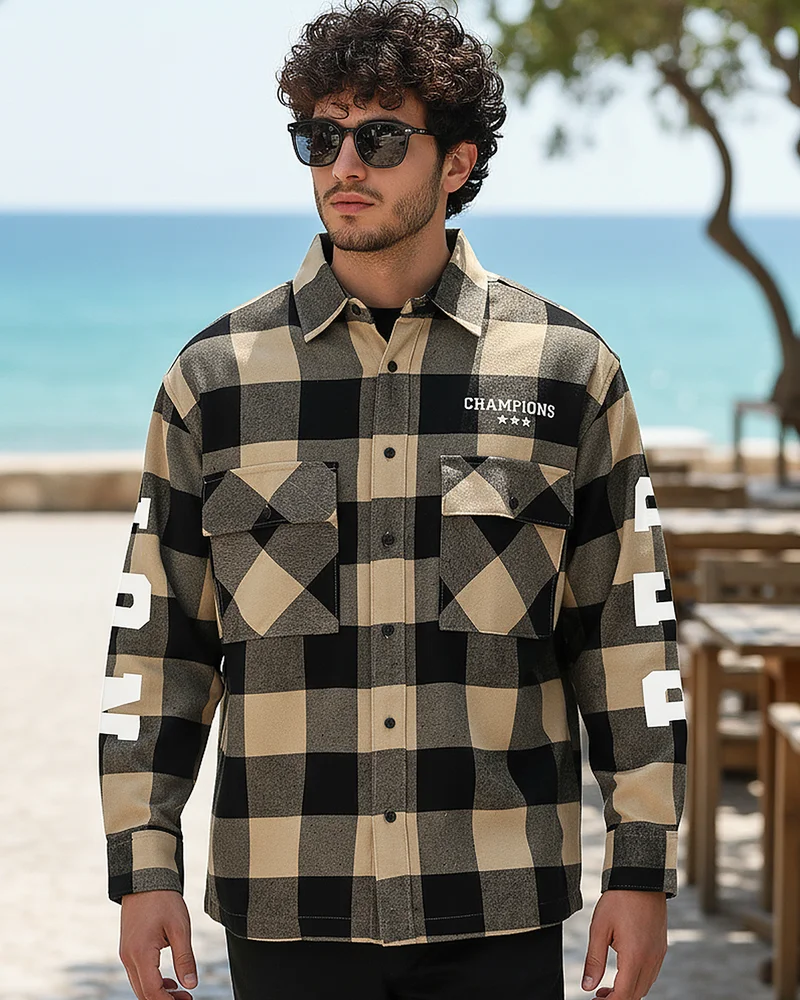 بيواكوف Men's Brown & Black Reb Checked Oversized Shirt